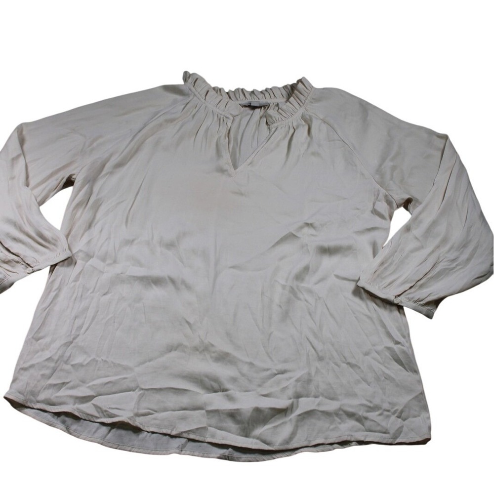 LOFT Blouse M Beige Ruffle Neck Gathered Cuff Edwardian Romantic Cottagecore